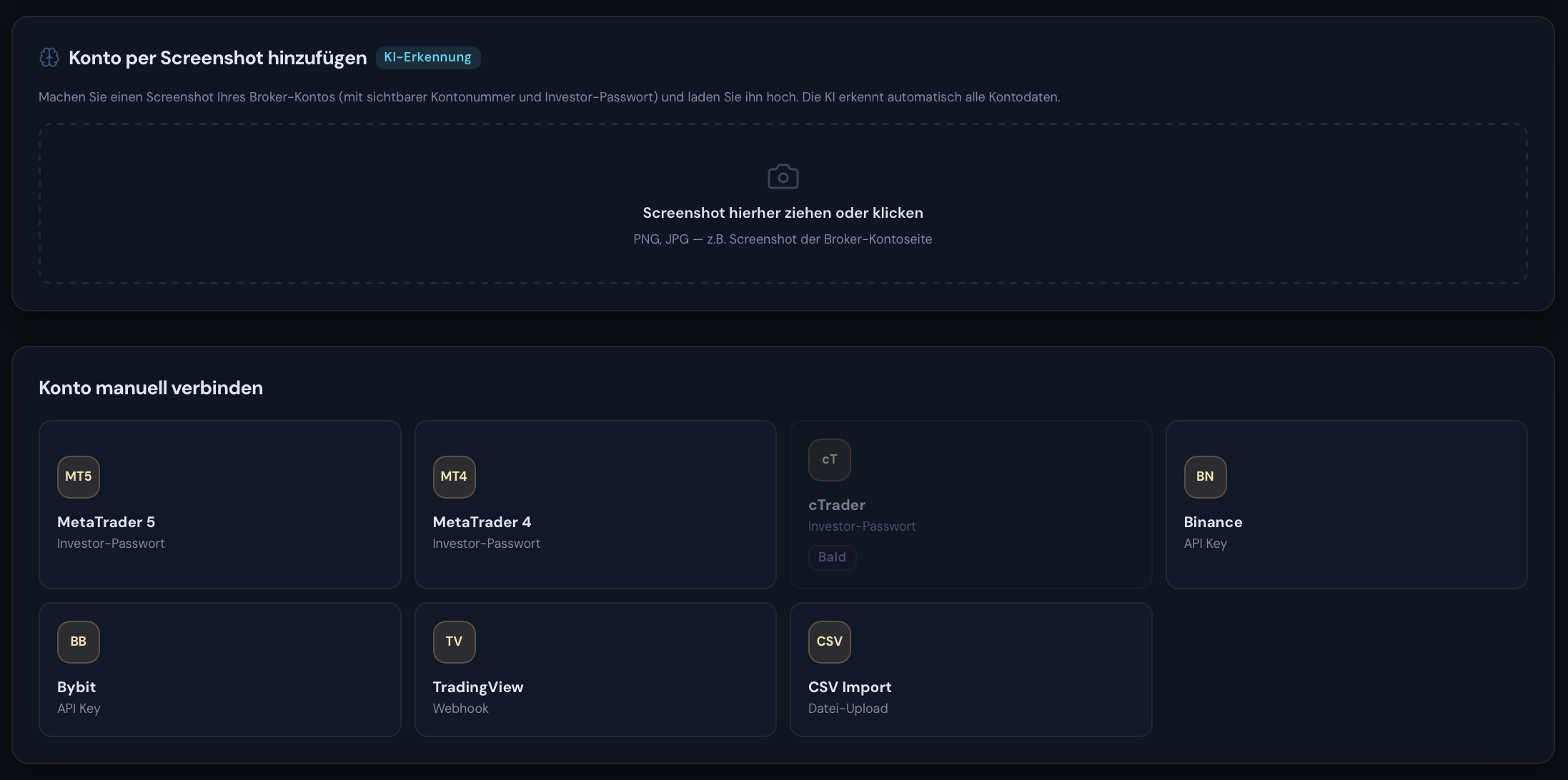 Konto-Hinzufügen-Dialog mit KI-Screenshot-Erkennung und sieben Plattform-Kacheln (MT5, MT4, cTrader, Binance, Bybit, TradingView, CSV)