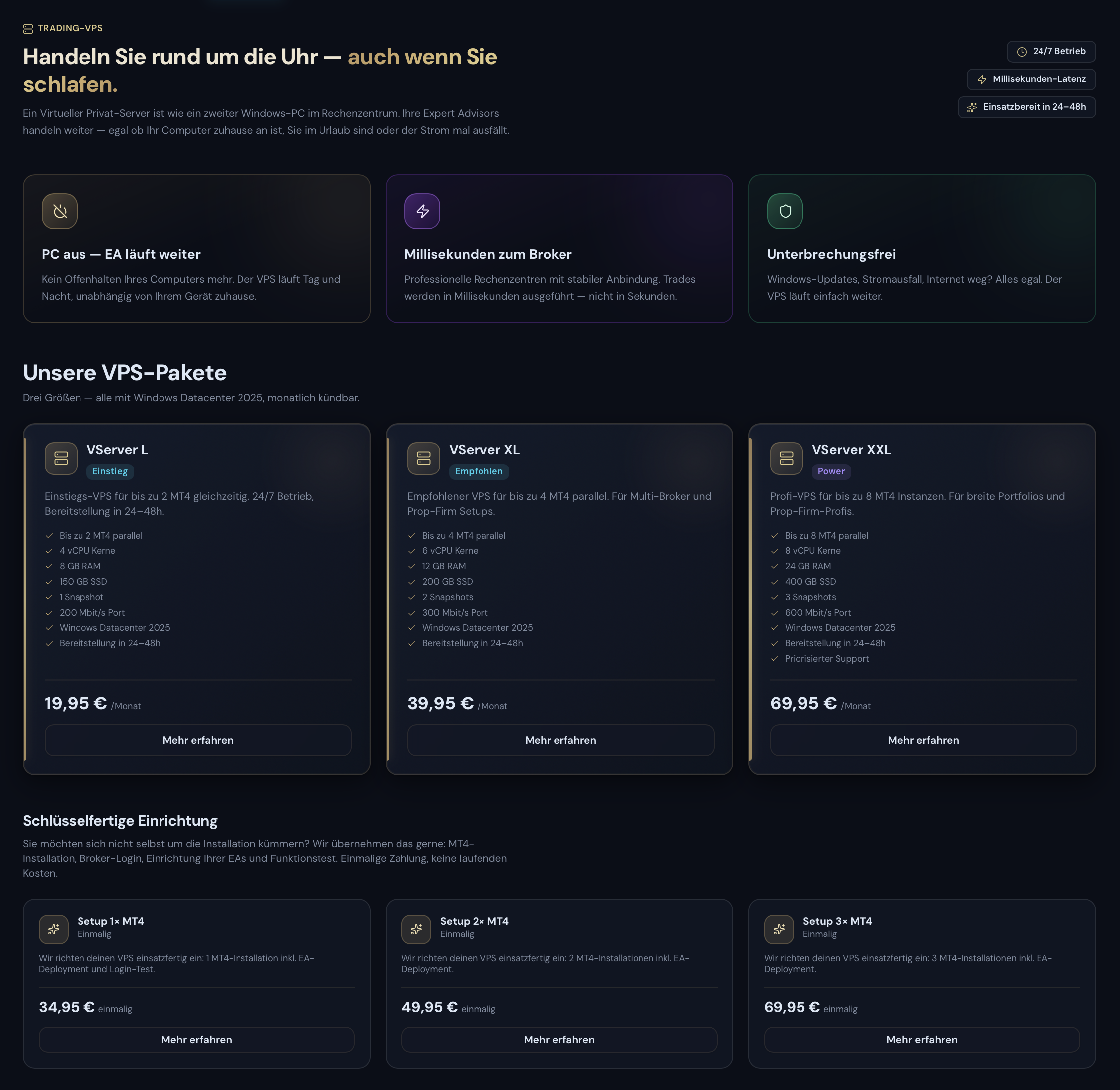 Trading-VPS Pakete VServer L, XL und XXL mit Preisen und schlüsselfertiger Einrichtung